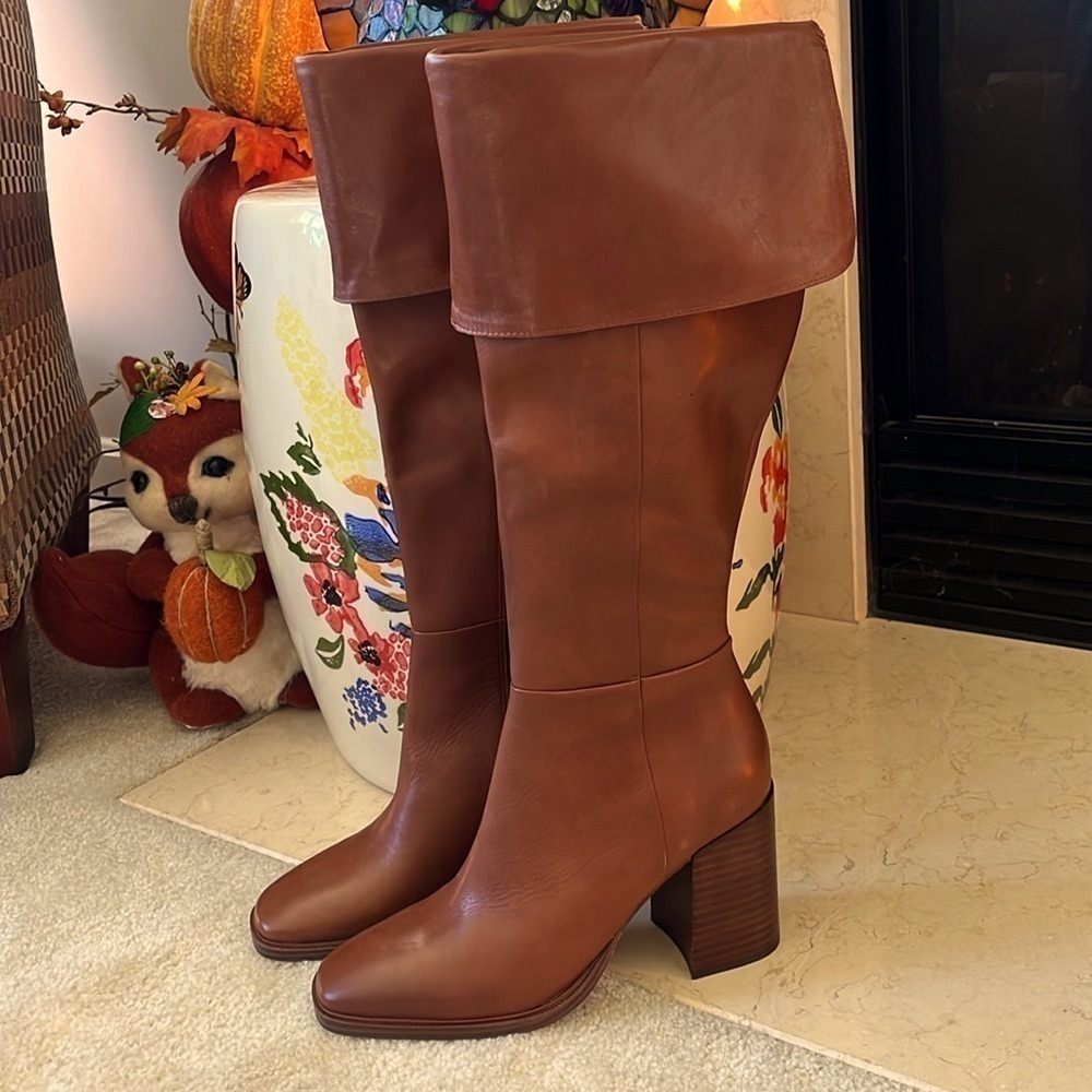 Brand New Steve Madden Genuine Leather Knee Block Heeled Boots Cognac Square Toe